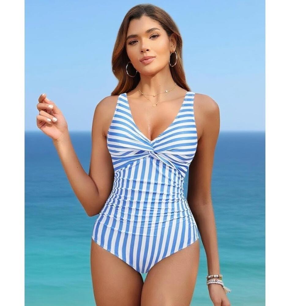 Holipick Women One Piece Swimsuit M Blue Stripe Tummy Control Twist V Neck NWT